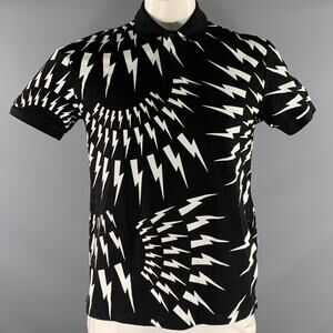 NEIL BARRETT Size L Black White Graphic Cotton Slim Fit Polo